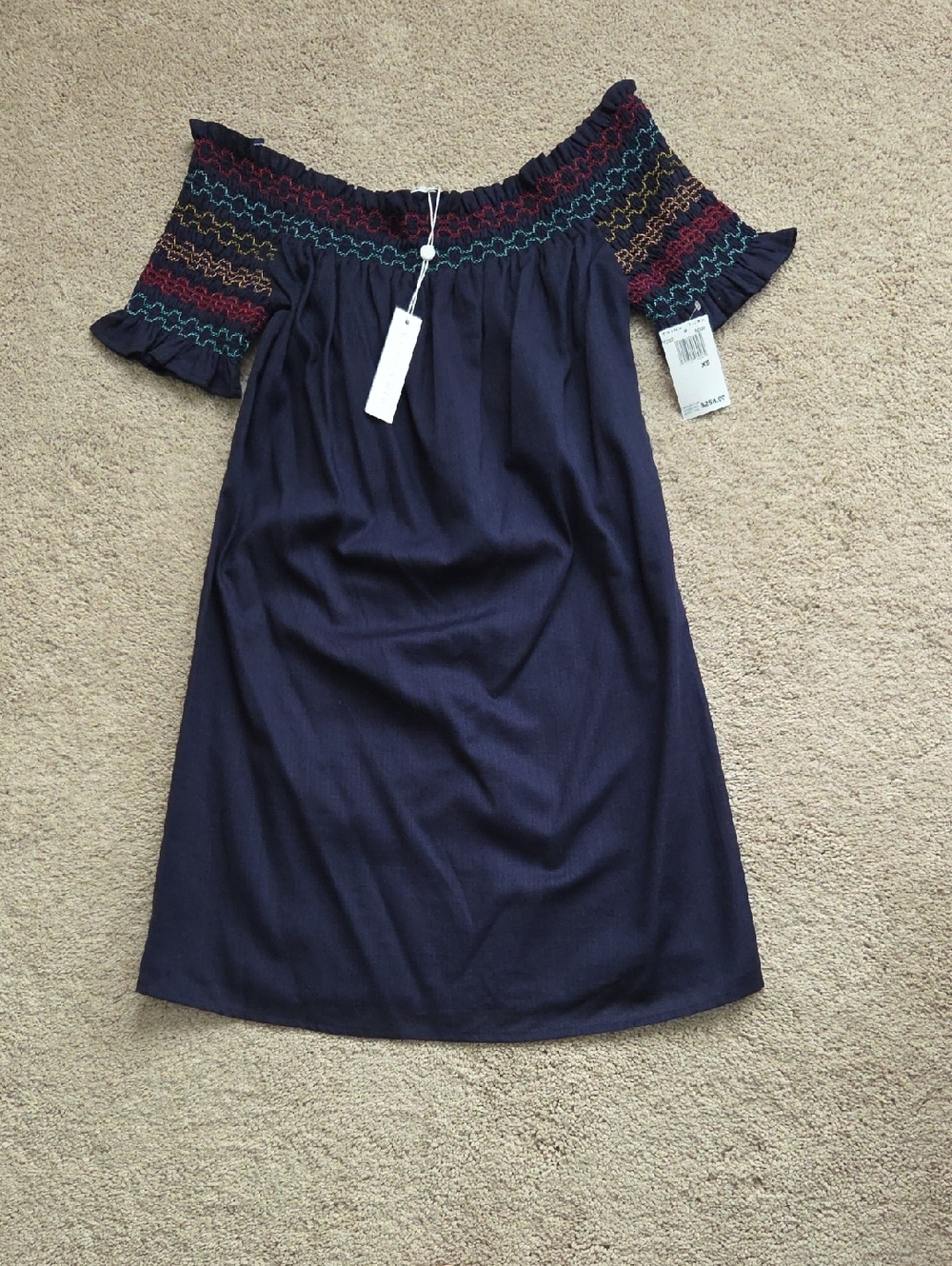 Trina Turk Navy Off-Shoulder Dress with Multicolor Smocked Trim